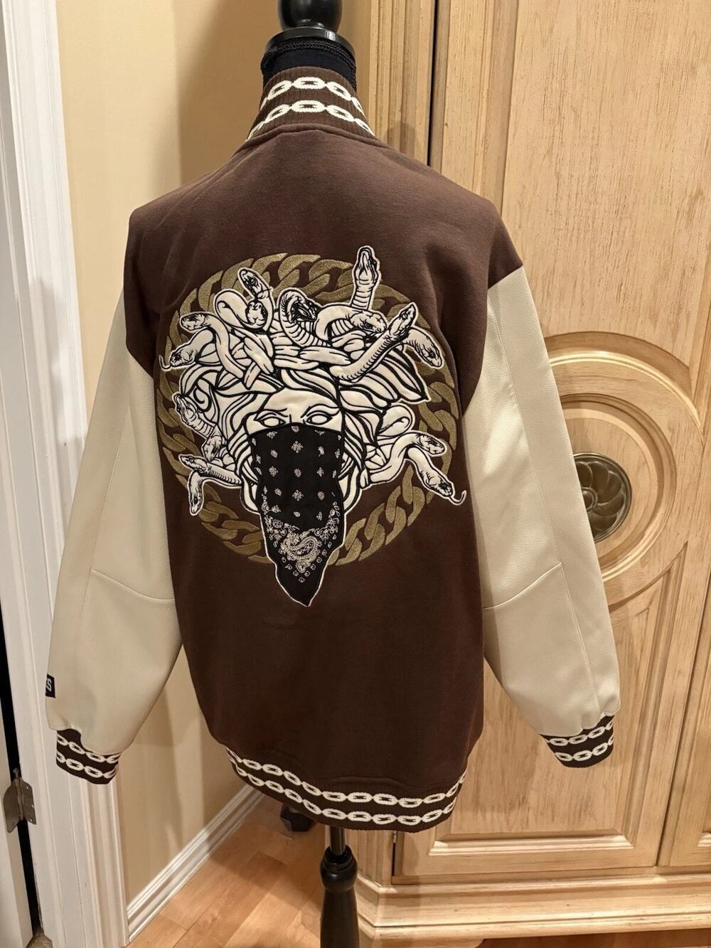 CROOKS & CASTLES (BROWN-CREAM) Medusa-BANDANA / VARSITY BOMBER JACKET NWT small